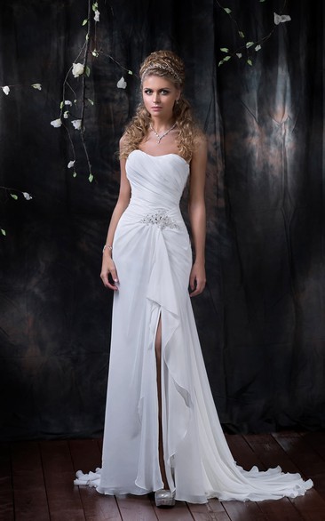 Sheath Maxi Sweetheart Sleeveless Lace-Up Chiffon Vow Renewal Dress With Split Front And Draping