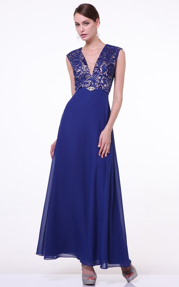 A-Line Ankle-Length V-Neck Sleeveless Chiffon Zipper Dress With Lace