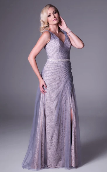 Sheath Lace Sleeveless V-Neck Maxi Tulle Bridesmaid Dress With Split Front And Side Draping