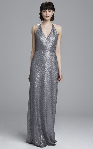 V-Neck Sleeveless Sequin Bridesmaid Dress With Straps