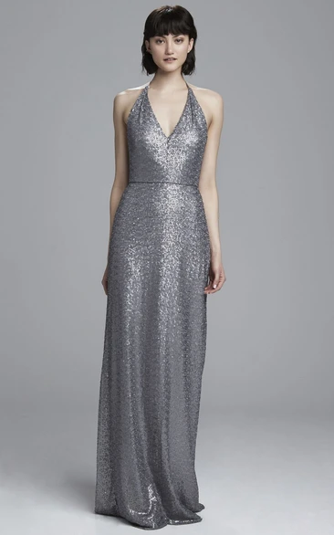 V-Neck Sleeveless Sequin Bridesmaid Dress With Straps