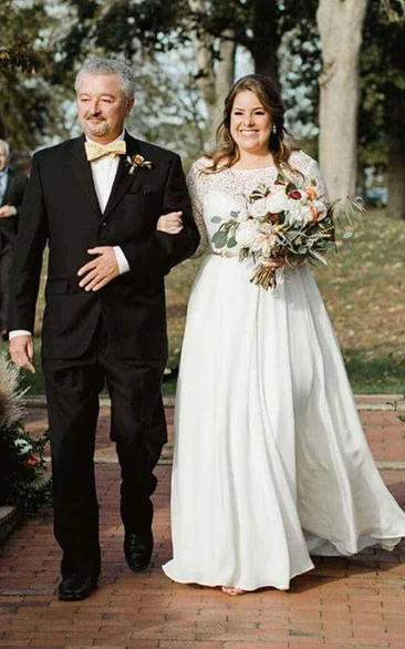 Scoop-neck Long Sleeve Modest Plus Size Chiffon Lace Top Wedding Dress