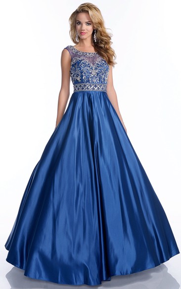 Beaded Bodice Scoop Neck Low-V Back A-Line Satin Prom Dress