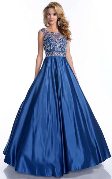 Beaded Bodice Scoop Neck Low-V Back A-Line Satin Prom Dress