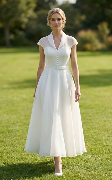 Ankle-Length Cap Sleeve V-Neck Tulle Gown