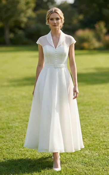 Ankle-Length Cap Sleeve V-Neck Tulle Gown
