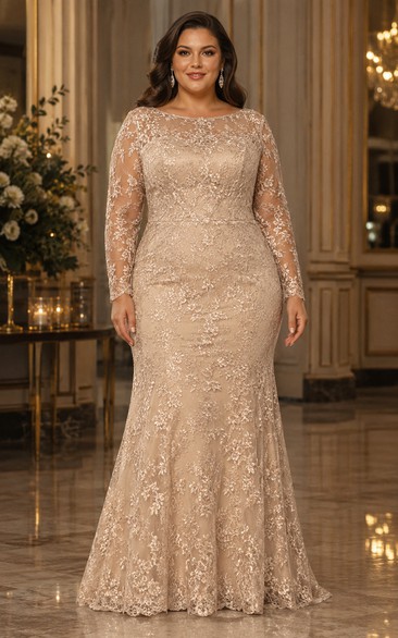 Plus Size Champagne Mermaid Lace Long Sleeve Mother Dress