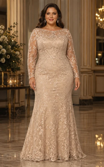 Plus Size Champagne Mermaid Lace Long Sleeve Mother Dress