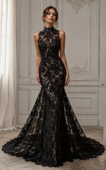 Black Nude High Neck Lace Mermaid Wedding Dress