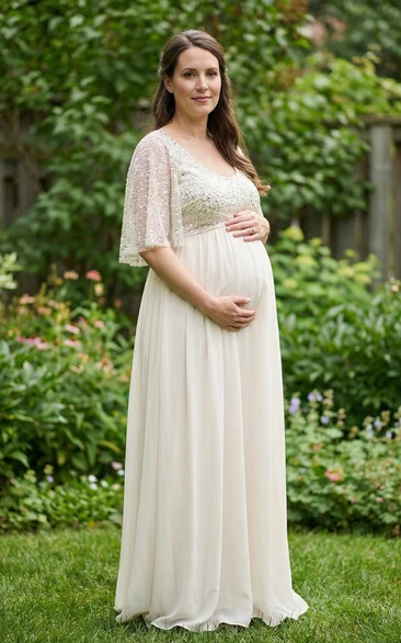 Champagne Beaded Cape Sleeve Maternity Wedding Dress