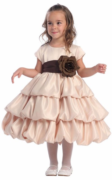 Tea-Length Tiered Cap-Sleeve Satin Flower Girl Dress