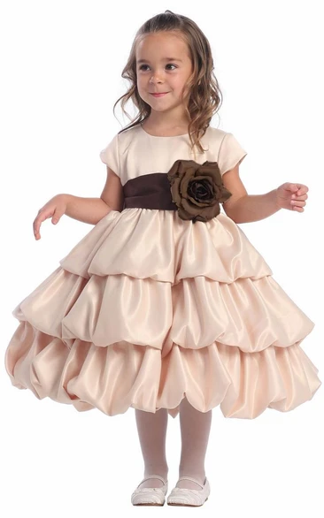 Tea-Length Tiered Cap-Sleeve Satin Flower Girl Dress