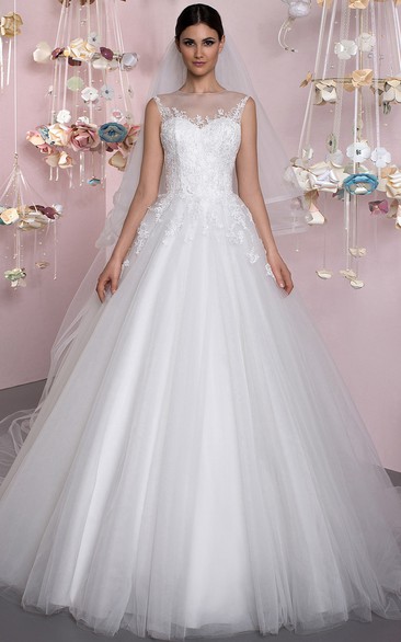 Long Jewel Appliqued Tulle Wedding Dress With Court Train And Illusion