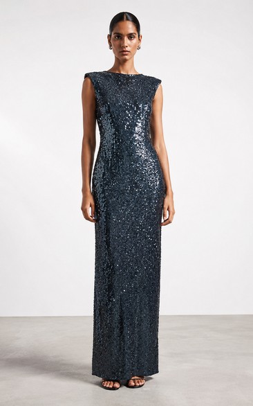 Sheath Sequin Evening Dress with Jewel, Sleeveless and Sequins, Floor Length