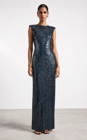 Sheath Sequin Evening Dress with Jewel, Sleeveless and Sequins, Floor Length