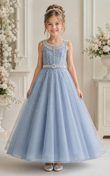 A-line Floor Length Sleeveless Tulle Lace Flower Girl Dress with Blue V-neck bodice with sparkling waist detail