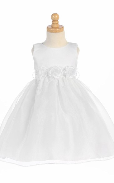 Tea-Length Sleeveless Tiered Organza&Satin Flower Girl Dress