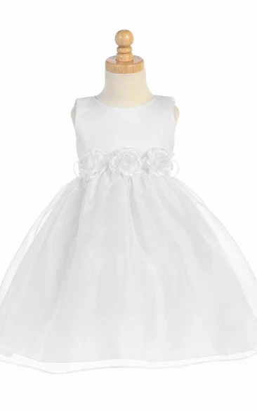 Tea-Length Sleeveless Tiered Organza&Satin Flower Girl Dress