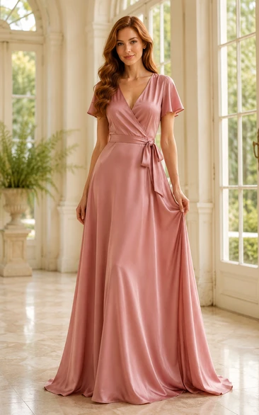 Brautjungfernkleid in Altrosa mit kurzen Ärmeln, Wickeloptik, A-Linie, V-Ausschnitt und Taillengürtel aus Satin.