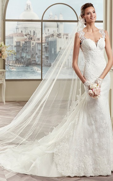 Sweetheart Lace Mermaid Bridal Gown With Appliques Straps And Court Train