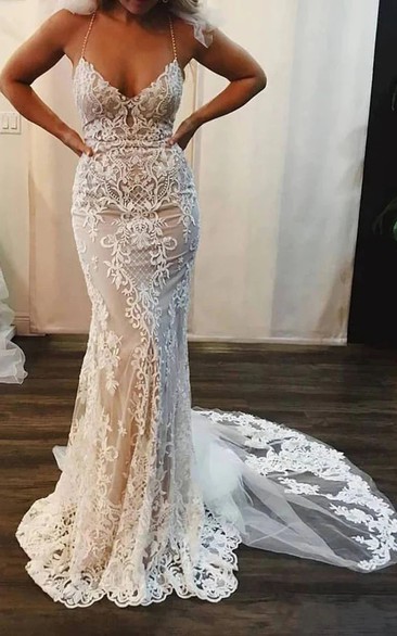 Spaghetti Sheath Mermaid Lace Applique Wedding Dress with Court Train