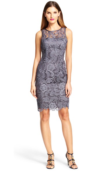 Sheath Short Appliqued Bateau Neck Sleeveless Lace Bridesmaid Dress