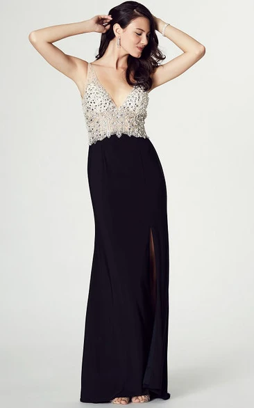 V-Neck Sleeveless Beaded Jersey Prom Dress
