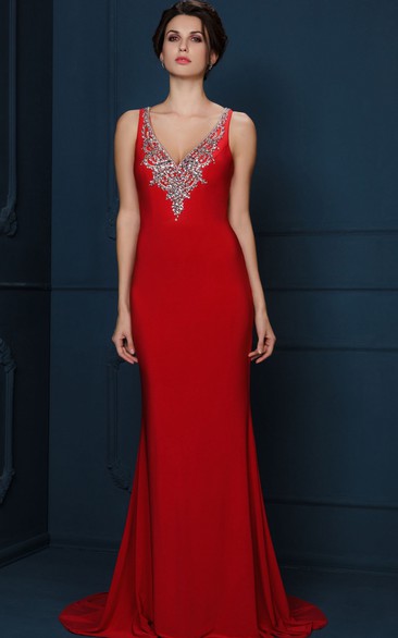 Sheath Beaded Sleeveless Long V-Neck Jersey Evening Dress