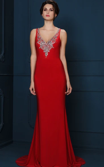 Sheath Beaded Sleeveless Long V-Neck Jersey Evening Dress