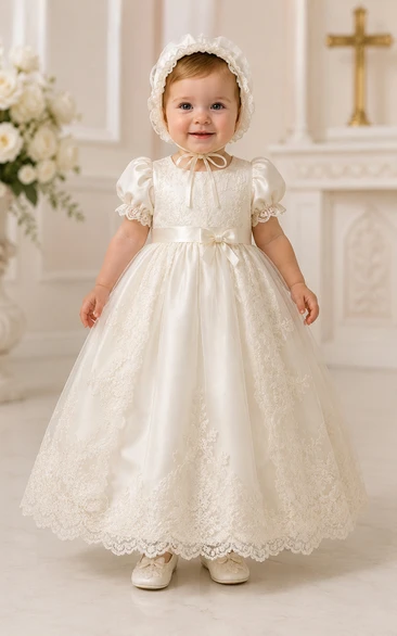 Baby Christening Gown Modest Princess Ball Gown Puff Sleeve Tulle Lace Floor-Length with Bow Sash in Ivory