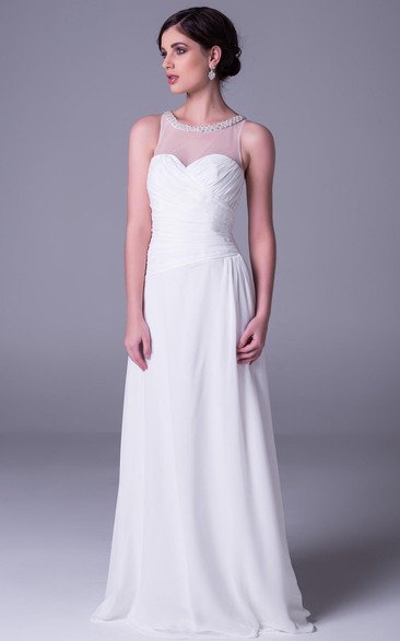 Sheath Sleeveless Scoop-Neck Criss-Cross Floor-Length Chiffon Wedding Dress With Beading