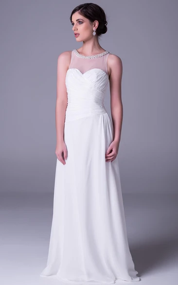 Sheath Sleeveless Scoop-Neck Criss-Cross Floor-Length Chiffon Wedding Dress With Beading