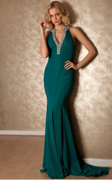 Maxi V-Neck Beaded Sleeveless Jersey Prom Dress With Brush Train