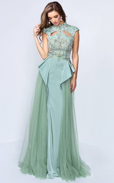 A-Line Long High Neck Cap-Sleeve Dress With Beading And Pleats