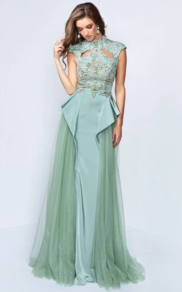 A-Line Long High Neck Cap-Sleeve Dress With Beading And Pleats