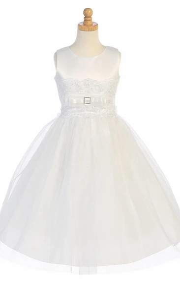 Tea-Length Bowed Tiered Tulle&Organza Flower Girl Dress