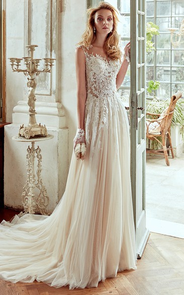 Strap-Neck Wedding Dress with Pleated Skirt and Lace Appliqued Bodice