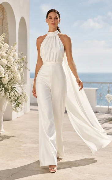 White Halter Bridal Jumpsuit with Flowing Cape Train
