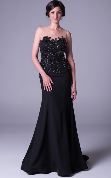 Sheath Sleeveless Beaded Floor-Length Scoop-Neck Chiffon Prom Dress
