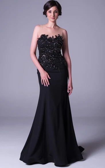 Sheath Sleeveless Beaded Floor-Length Scoop-Neck Chiffon Prom Dress