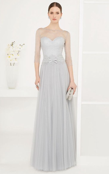 Jewel Neck 3-4 Sleeve Pleated Tulle Long Prom Dress With Belt And Sequins