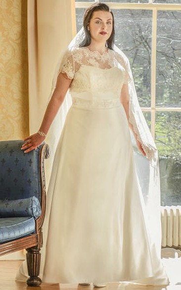 Scalloped High Neck Short Sleeve Taffeta Bridal Gown With Lace Top