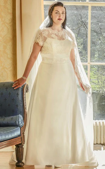 Scalloped High Neck Short Sleeve Taffeta Bridal Gown With Lace Top
