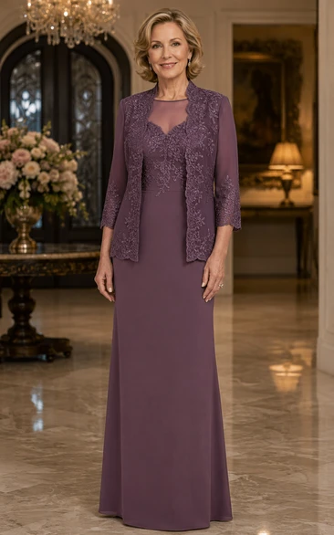 Plum Sheath Mother of the Bride Dress with Lace Jacket