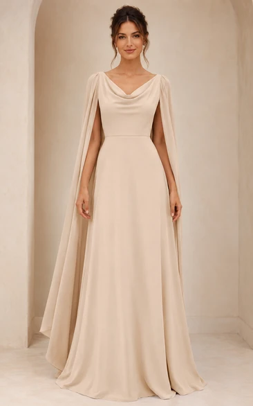 Cream Cowl Neck Cape Sleeve A-Line Chiffon Dress