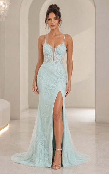 Tulle Prom Dress in Mint Green, Spaghetti Strap, Sweetheart Mermaid Sweep Train Gown with Lace