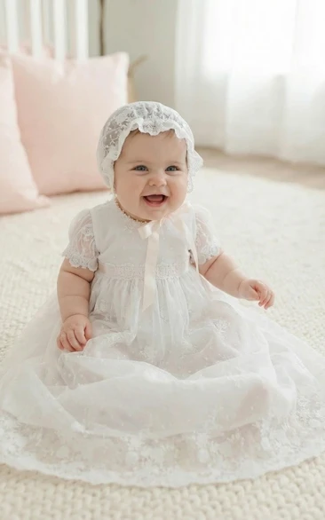 White Baby Flower Girl Dress Lace Bonnet Tulle Christening Gown