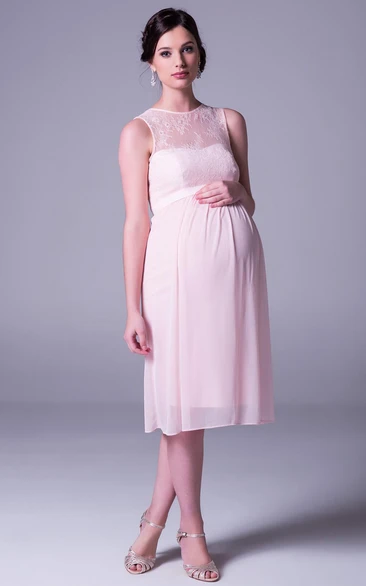 Jewel-Neck Knee-Length Sleeveless Empire Lace Chiffon Prom Dress