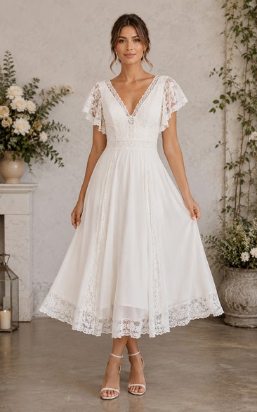Ivory Tea-length V-neck Chiffon A-line Wedding Dress with Lace