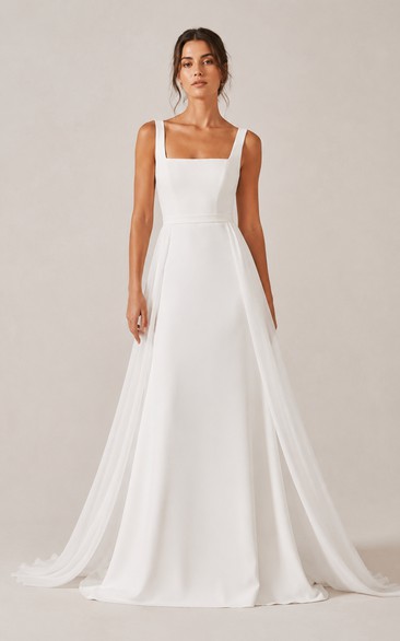 Simple Square Neck Satin A-Line Wedding Dress with Full Skirt and Train